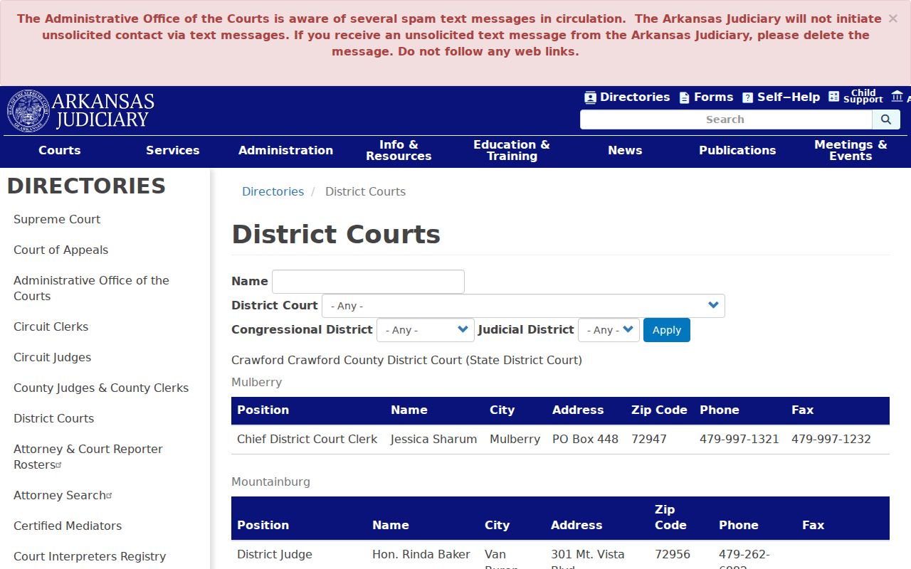 District Court directory used to verify Crittenden County court dates