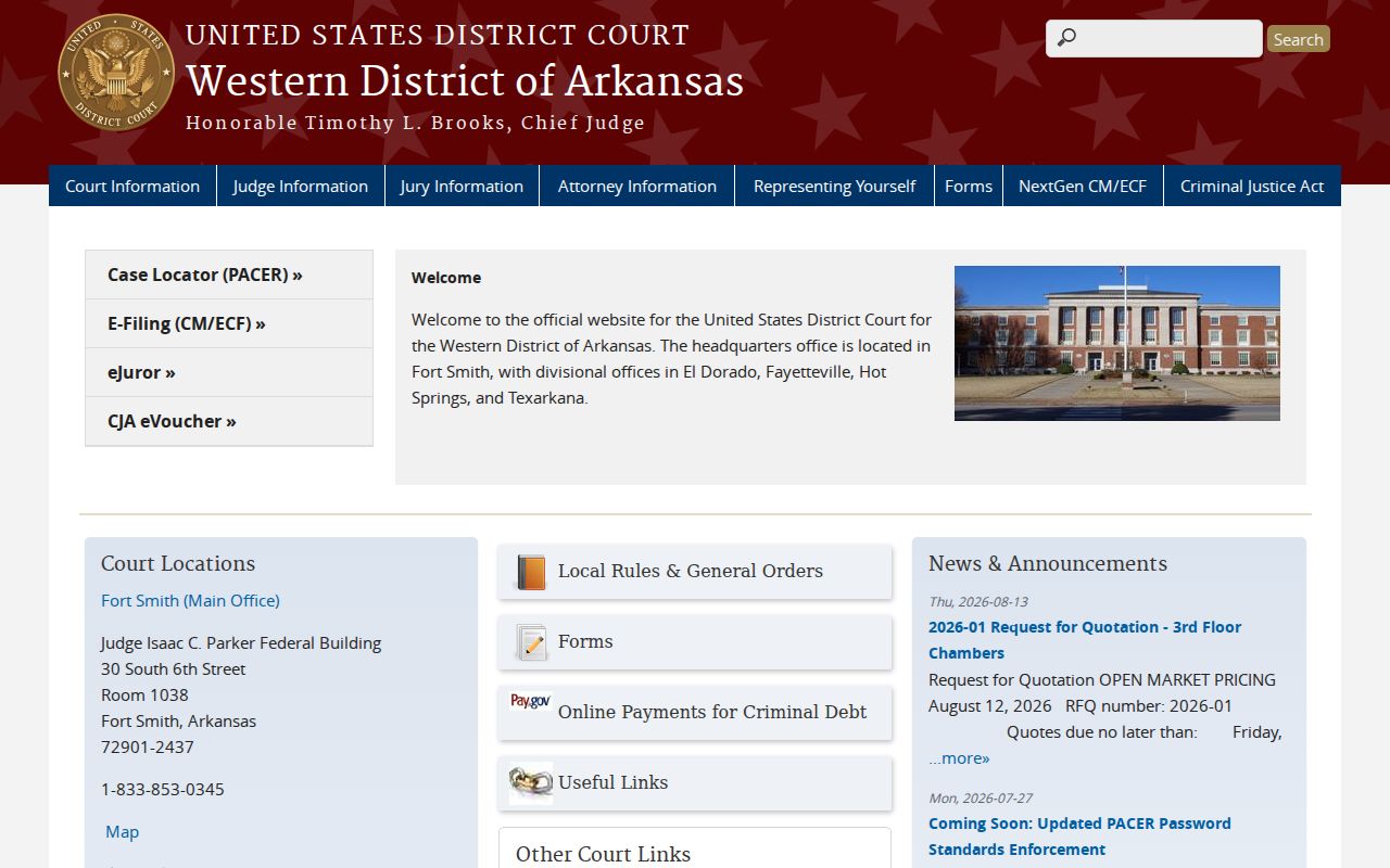 Crawfordsville docket jurisdiction comparison with Arkansas Western District federal court