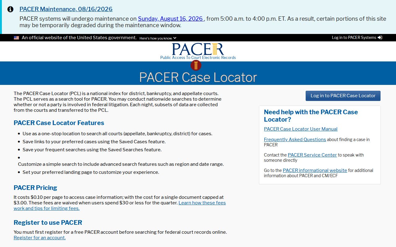 Earle federal case docket search in the PACER Case Locator