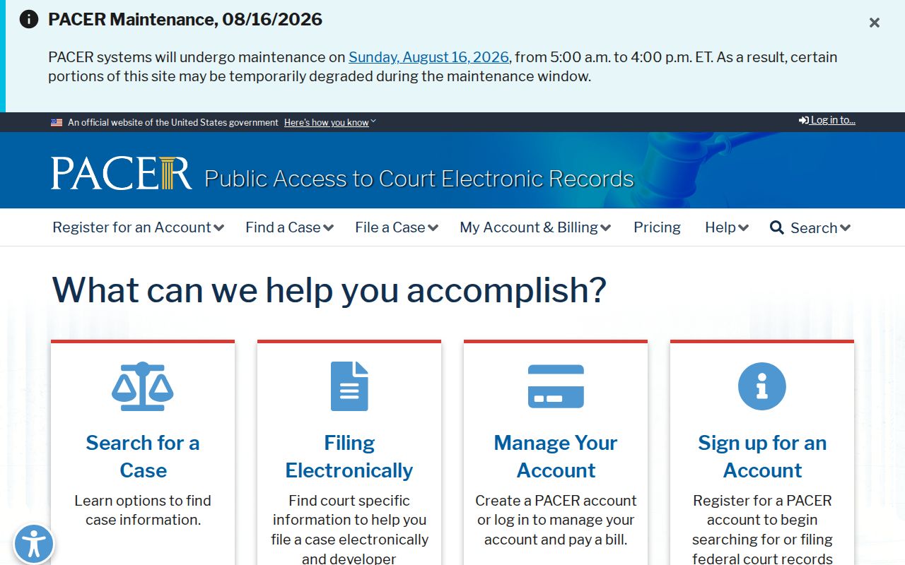 Earle federal court docket access through the PACER service