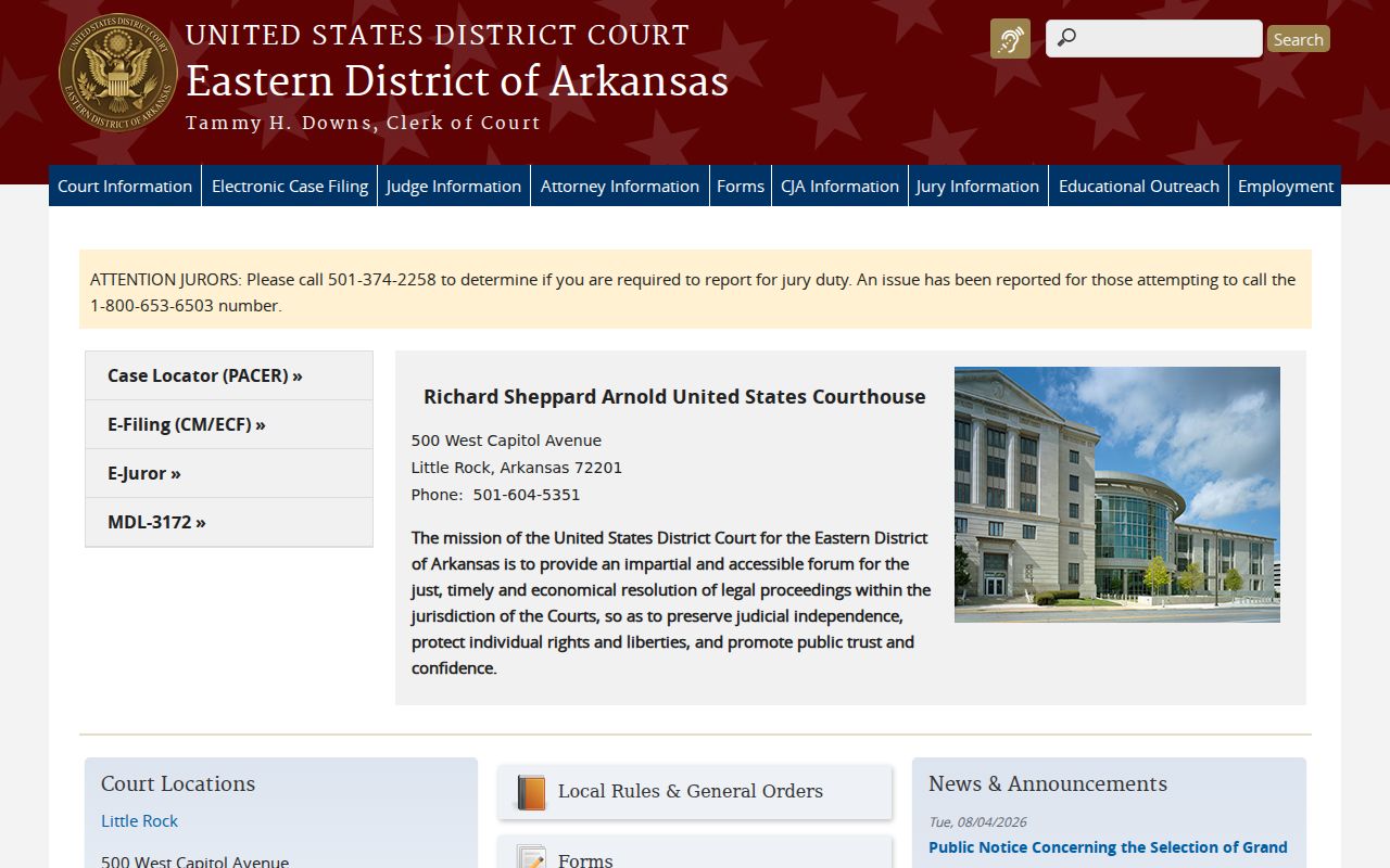 West Memphis federal court docket route in the Eastern District of Arkansas